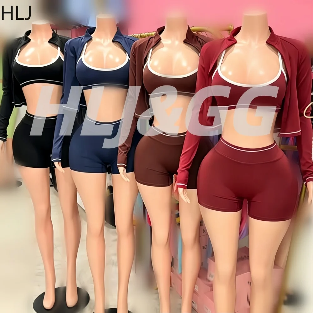 

HLJ High Quality Striped Patchwork Women 3 Pieces Outfit Zip Up Long Sleeve Crop Jacket + Shorts Tracksuit Joggers Sportswear
