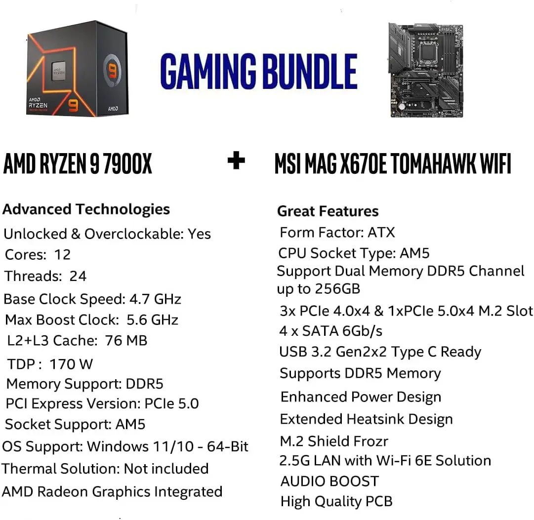 AMD Ryzen 9 7900X CPU Processor Bundle with MSI MAG X670E Tomahawk WiFi Gaming Motherboard (AM5, DDR5, PCIe 5.0