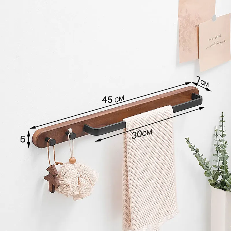 Rustic Burnt Wood Bathroom Towel Bar with Metal Rod, Wall Mounted Bath Towel Rack Bathroom Hook Row Hook40-50cm