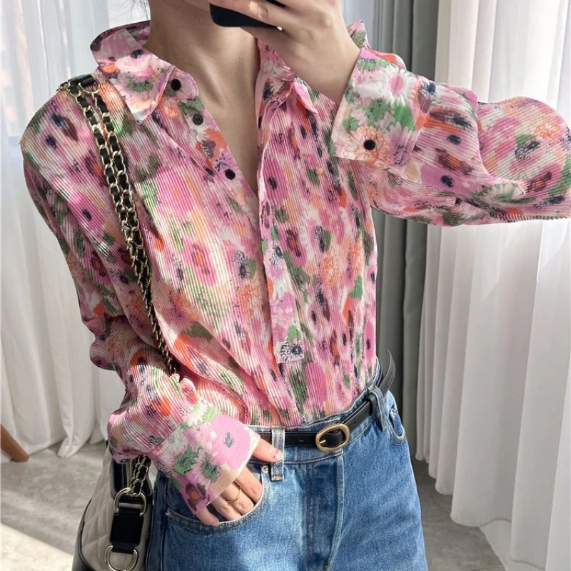 

Spring Pink Blouse Women Floral Print Casual Lapel Straight Single-breasted Long-sleeved Shirt Tops