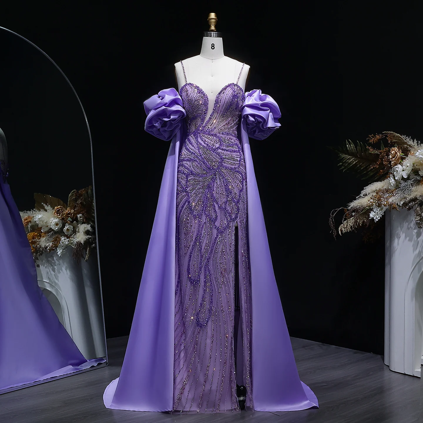 Sharon Said Elegantes Grünes Meerjungfrauenkleid mit Perlenstickerei, Schulterfrei, mit Satinumhang, Damen-Partykleid, SS157, Anpassbar – Detail 12