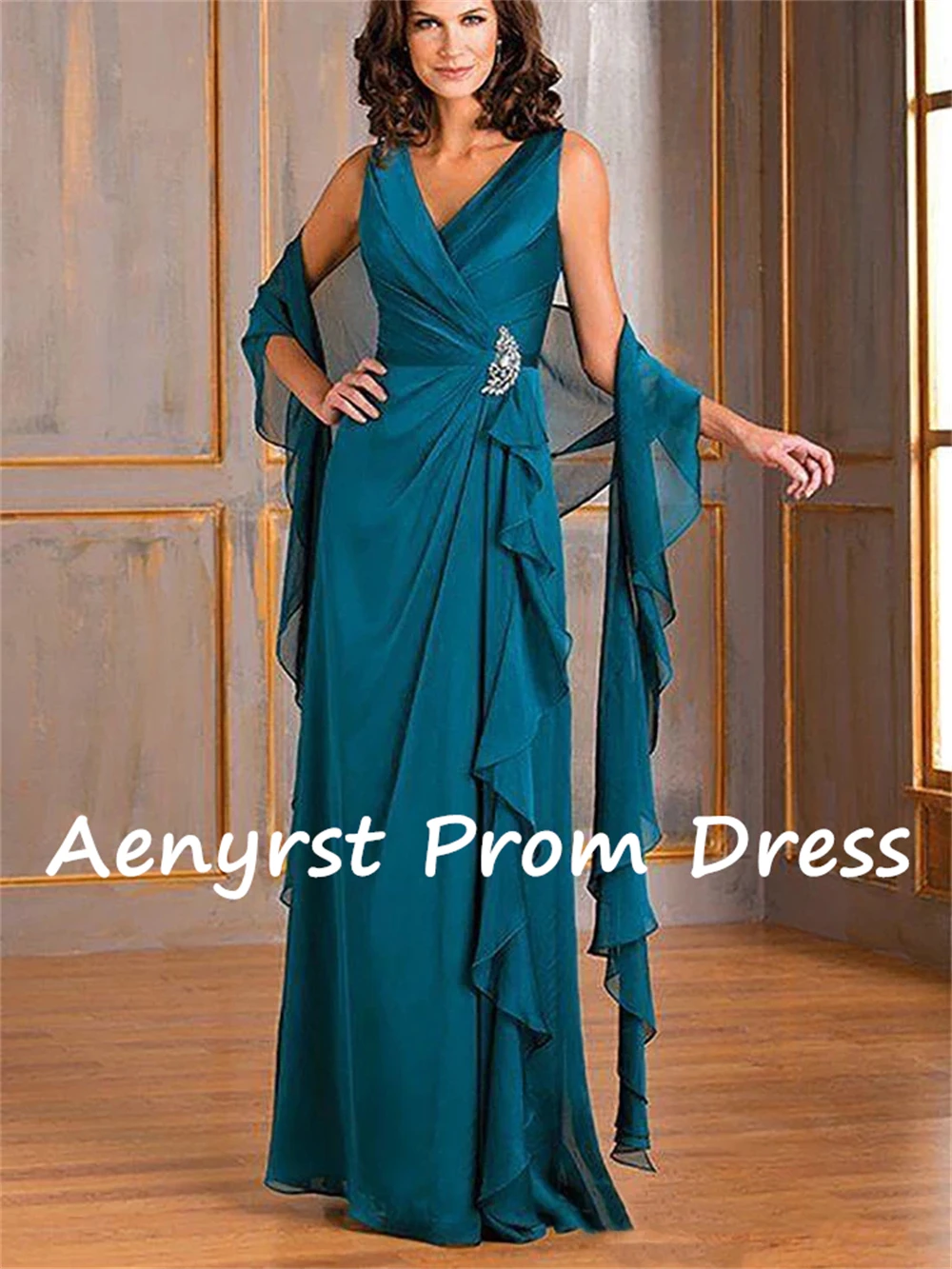 Aenyrst V Neck Chiffon Mother Dresses With Cape Pleated Spaghetti Strap Prom Gowns Floor Length Dinner Party Dress Custom Made