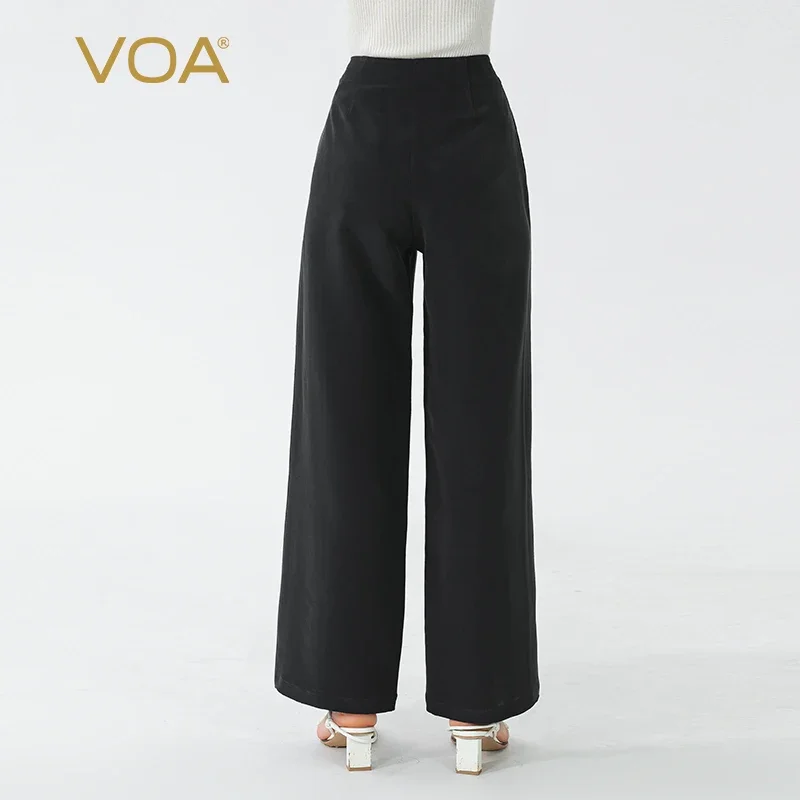VOA Black 45 Momme Heavyweight Silk Natural Waist Trousers Asymmetrical Ruffle Office Ladies Straight Suit Wide Leg Pants KE797