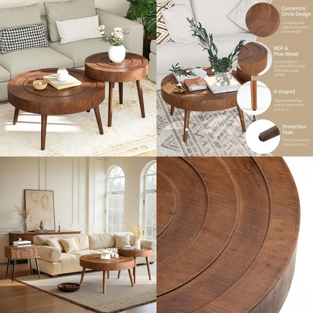 

Mid-Century Modern Round Coffee Table Set with Nested Circles for Living and Bedroom Spaces