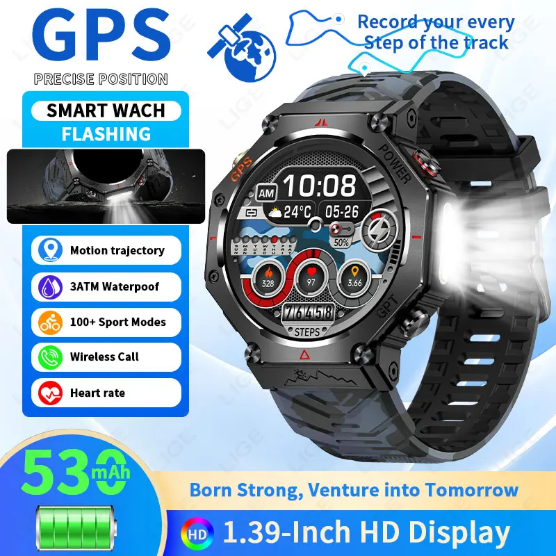 

LIGE GPS Smart Watch For Gift For Men 3ATM Waterproof Built-in Dual-band Strong Flashlight Military 100+Sport Mode Smart Watches