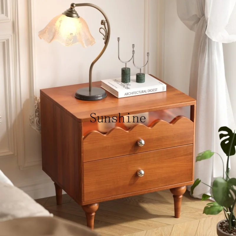 

French retro wavy bedside table bedroom simple solid wood cabinet