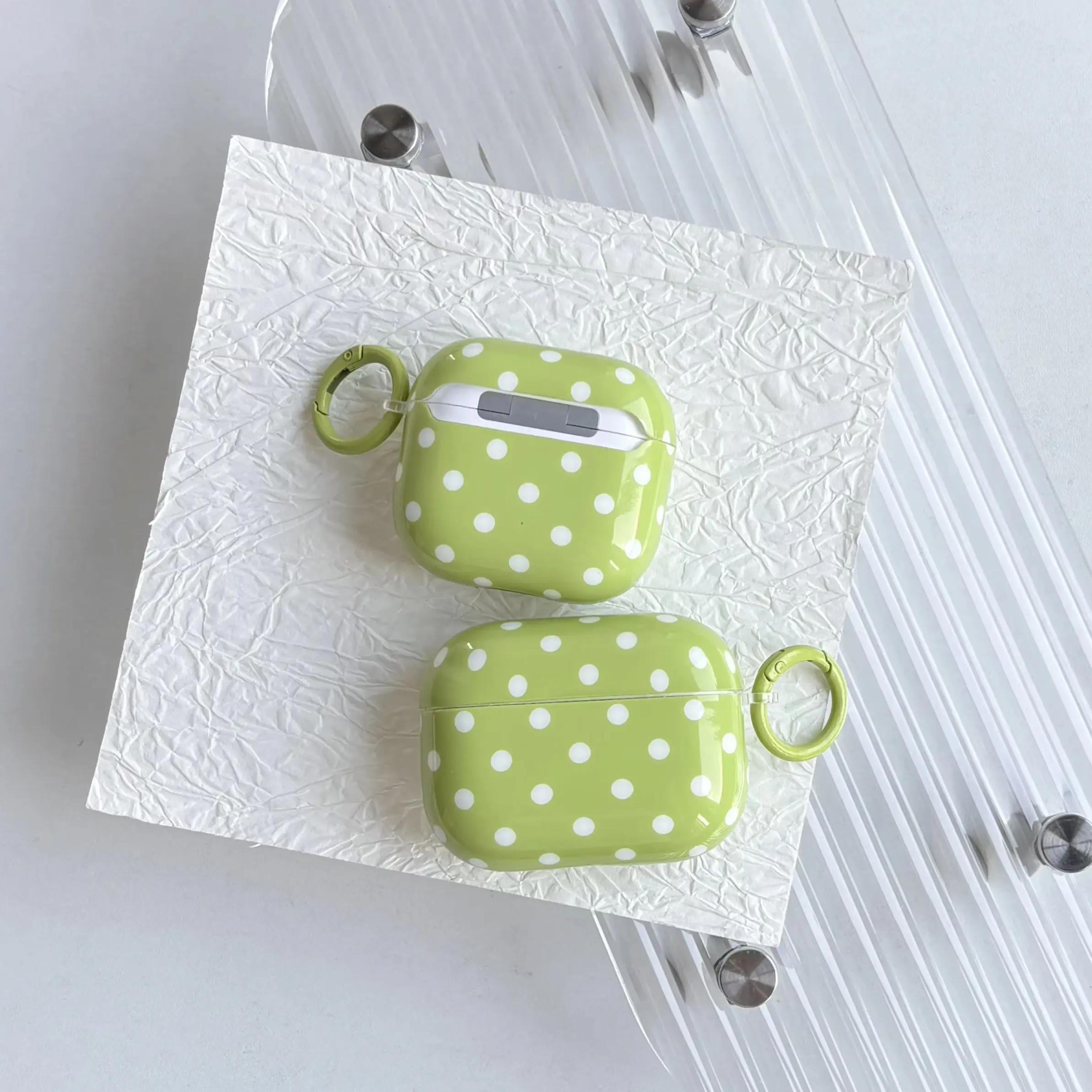 Summer Fresh Full-Screen Fruit Green White Polka Dot Pattern Glossy Protective Cover Case For AirPods 1 2 3 4 5 Pro Pro2 Pro3