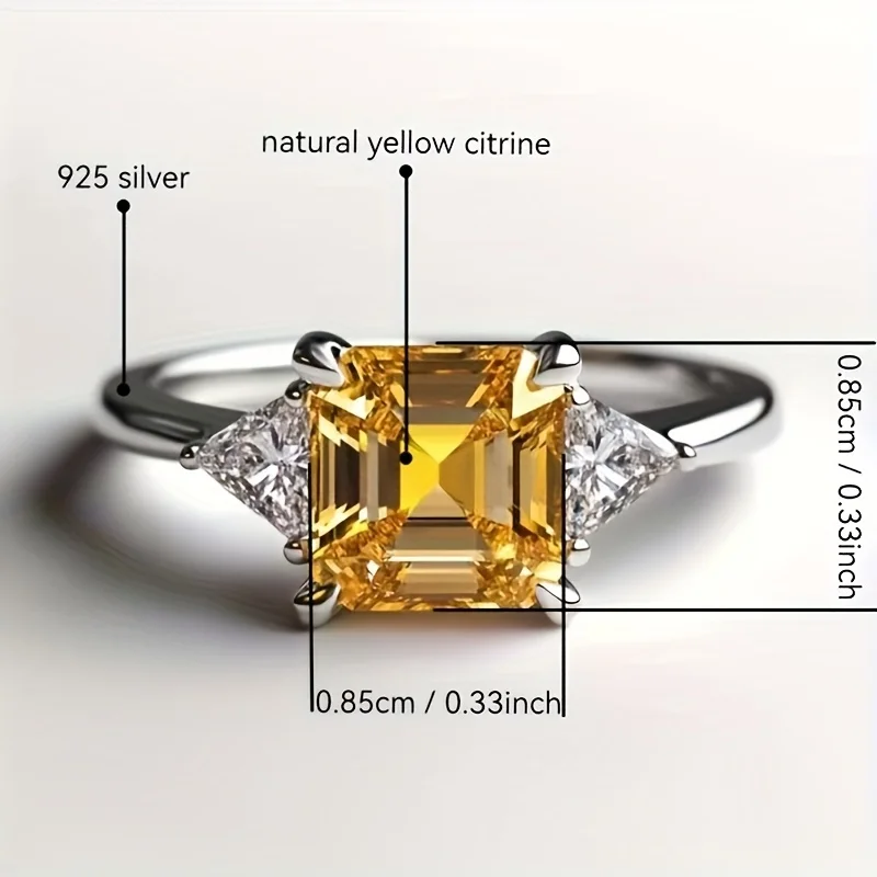 

SGARIT Jewelry Natural Gemstone Crystal 925 Silvery Ring Main Stone Asscher Cut 8mm Yellow Citrine Crystal Ring