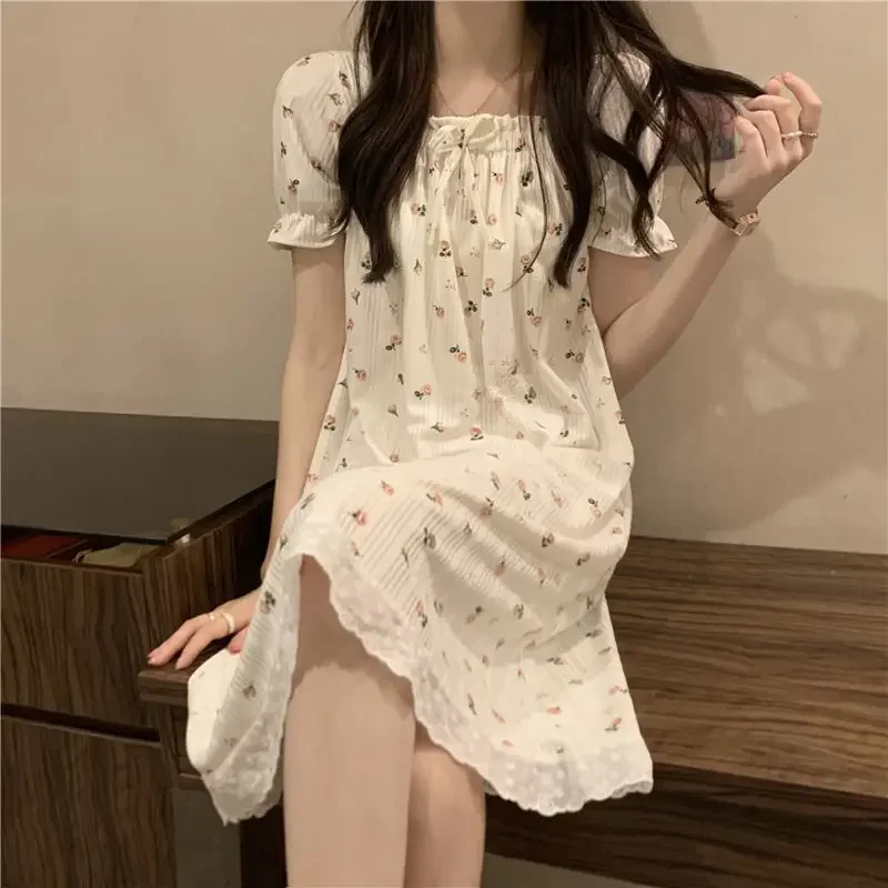 Summer Sexy Women Nightwear Sweet Sleepwear Nightgown Thin Korean Style Cute Night Dress Womens Short Sleeve Nighty Home Clothes