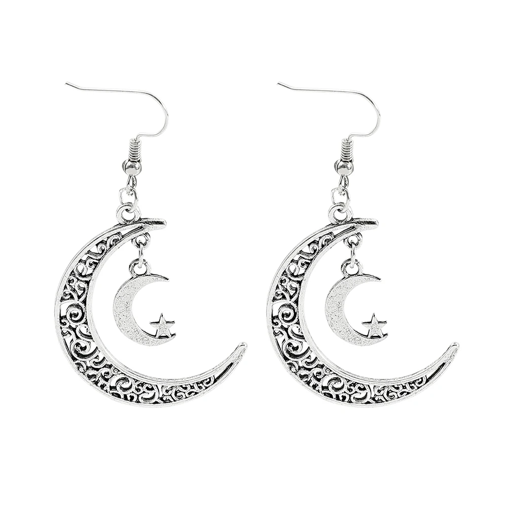 Vintage Crescent Moon and Star Earrings for Women, Handmade Boho Jewelry