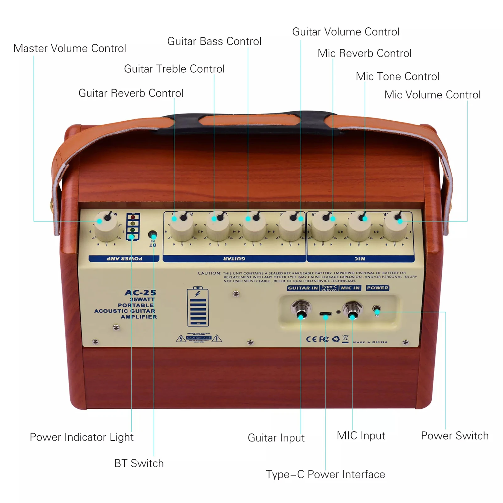 ammoon AC-25 25W Portable Acoustic Guitar Amplifier Rechargeable Amp Wireless BT Speaker Indepedent Reverb Volume Tone