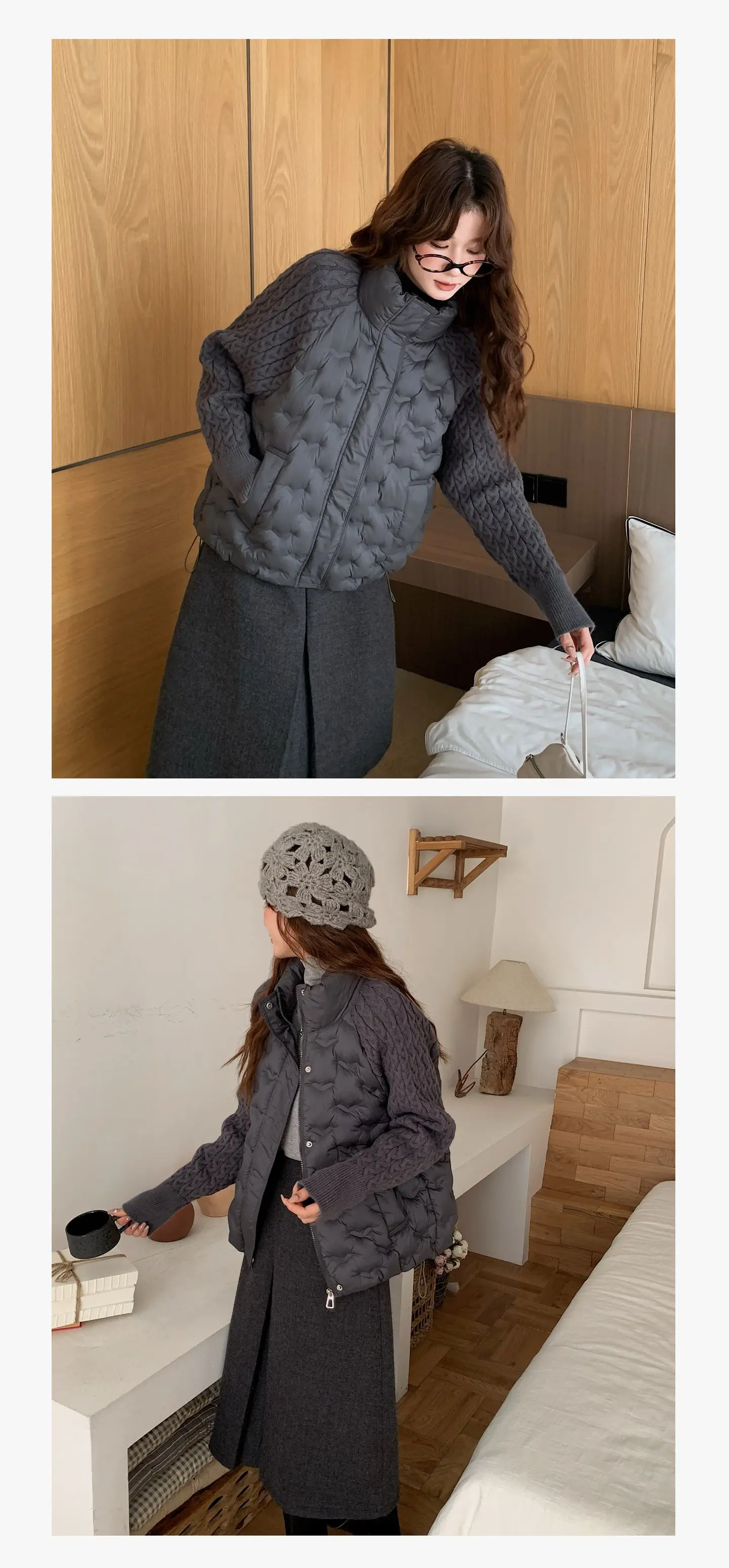 Korean Cable Knit Sleeve Spliced Padded Jacket 2026 Winter Stand Collar Warm Puffer Jacket Women All Match Casual Quilted Parkas