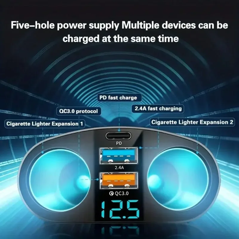 360° Rotation 120W Car Charger Dual USB Type C Port Super Fast Charging Adapter