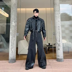 New Fashion Men's Set Niche Design Two-piece Patchwork Suit Denim Leather Spliced Short Jacket Straigt Pants 2023 9C2563