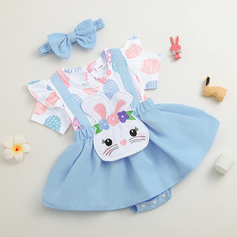 

Toddler Girls Floral Print Ruffle Sleeve Romper Dress with Matching Headband Easter Bunny Outfit Set for Baby Girls