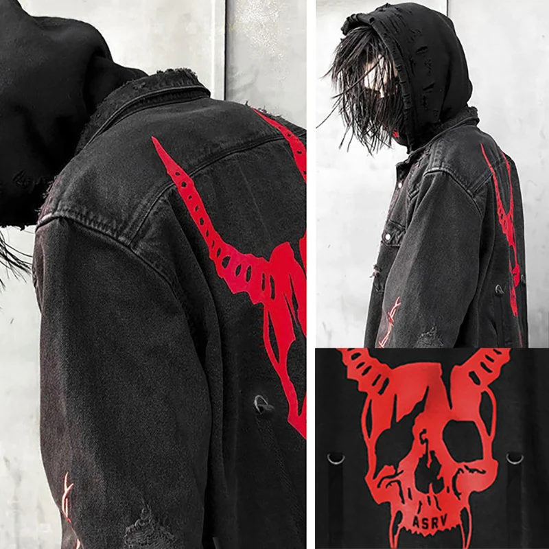Jaket Denim Gambar Tengkorak Mantel Gotik Harajuku Pria Pakaian Halloween Antik Jaket High Street Ringan Musim Semi Musim Gugur