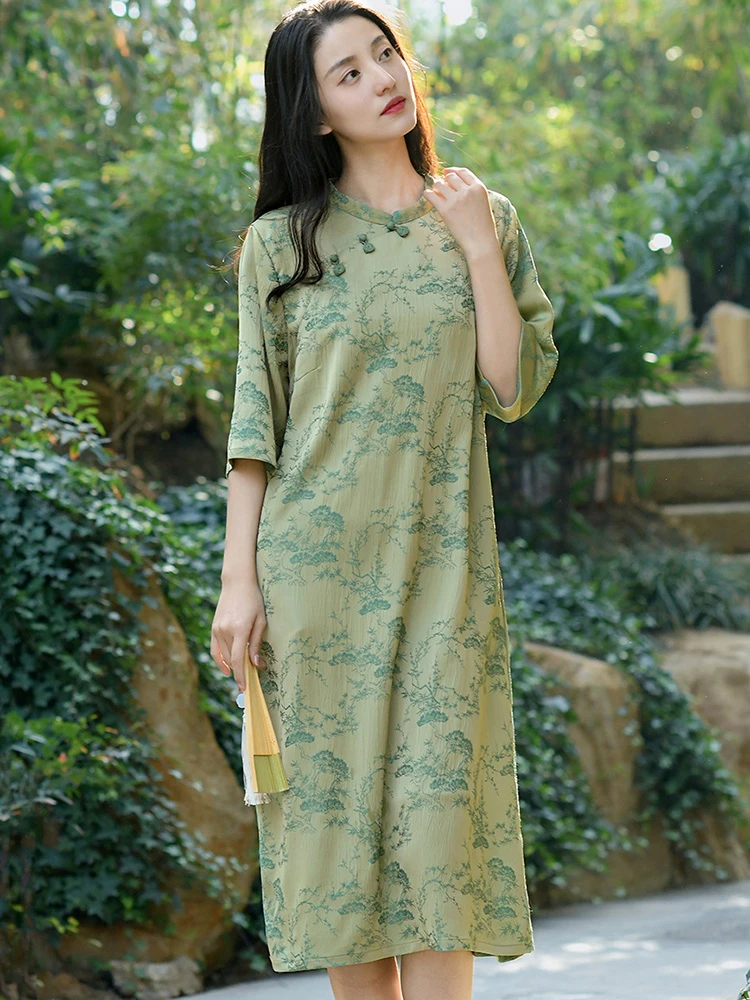 

2025 Spring New Arrival Chinese Style Improved Cheongsam Dress Fashion Round Neck Half Sleeved Jacquard Vintage Dresses T331