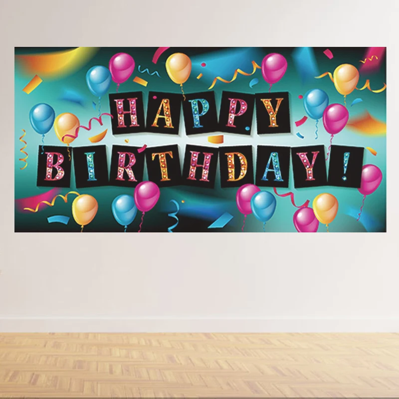 Happy Birthday Banner, balão preto, Backdrop Decorações Suprimentos, Indoor Wall Poster, sinal, grande, colorido