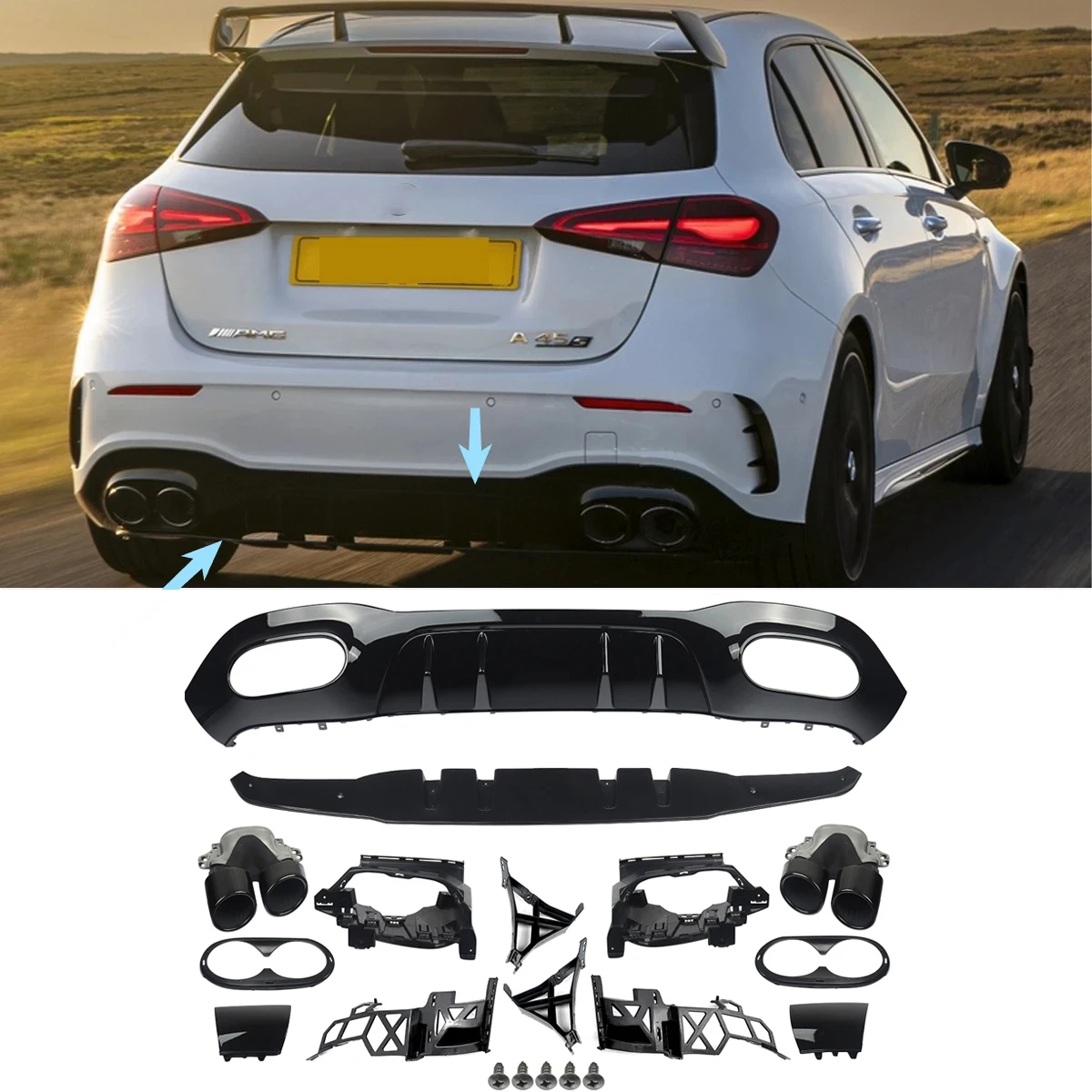 Achterbumper Diffuser spoiler Lip met Uitlaat Tips voor Mercedes Benz EEN W177 A160 A180 A200 A220 A250 Hatchback A45 Look 2019 +