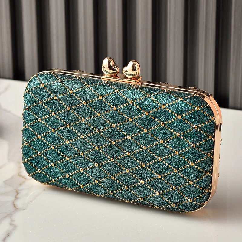 Elegant Hot Pink Glitter Clutch Women's Gold Beaded Pattern Heart Closure Evening Bags for Weddings Prom Formal Party Purse