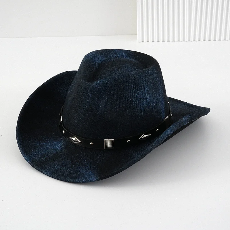 Western cowboy , black felt top hat, metal three-dimensional diamond-shaped square rivets, leather belt, suitable for outdoor