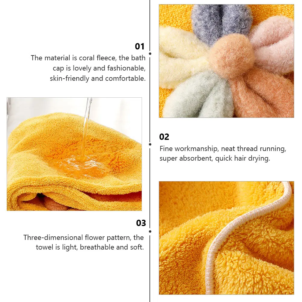 

Coral Fleece Hair Cap For Women Lovely Bath Hat Quick-Drying Turban Absorbent Dry Cap Adult Shower Hat 3D Flower Pattern Soft