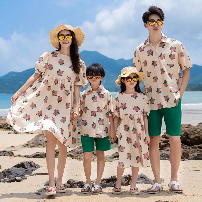 Vacation Holiday Look Family Matching Clothes Women Girl Korean Mom Daughter Resorts Floral Dresses Dad Son Shirts Shorts Outfit