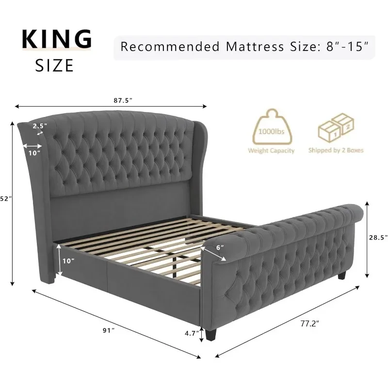 إطار سرير بمنصة مقاس كينج ساخن، سرير مزلقة منجد مخملي مع لوح رأسي مجنح التمرير ولوح القدم/الزر معنقدة/بدون صندوق