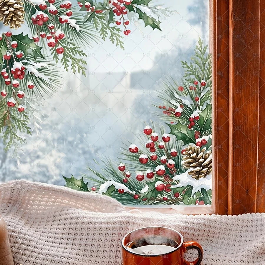 Christmas Static Window Cling Stickers, Christmas Corner Pine Branch Holly Red Berries Pine Cone Static Window Decals