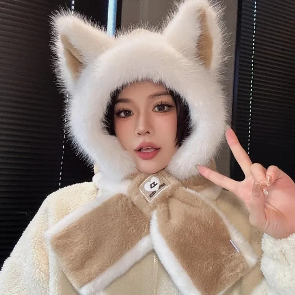 New Fox Ears Integrated Hat Scarf Set Warm Windproof Neck Warmer Coldproof Ear Protection Hat Women