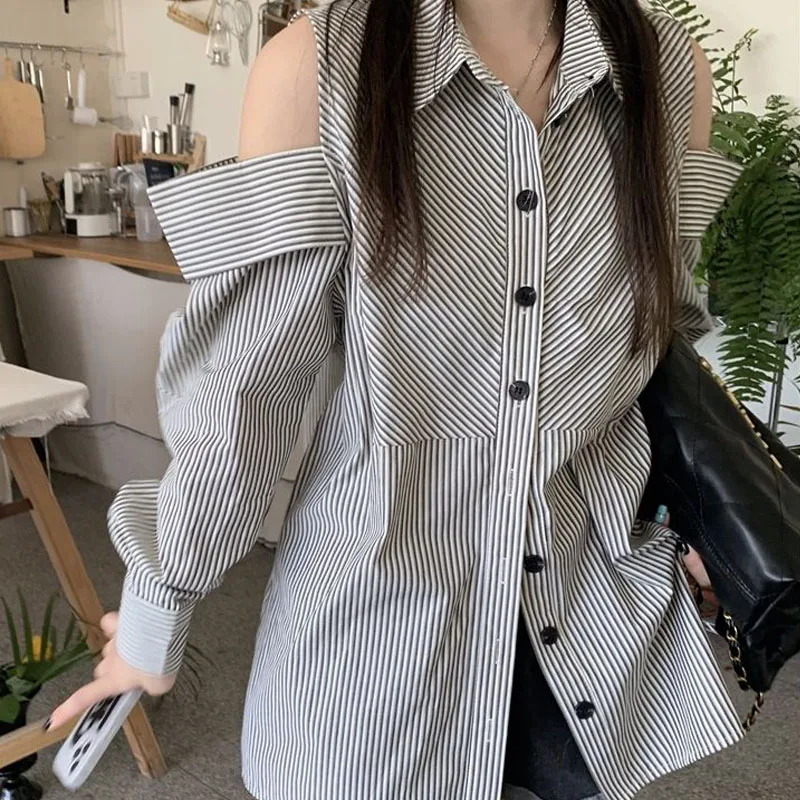 

QWEEK Vintage Women Stripe Shirt Y2k Oversized Korean Fashion Off Shoulder Elegant and Youth Blouses Chic Long Sleeve Lady Top