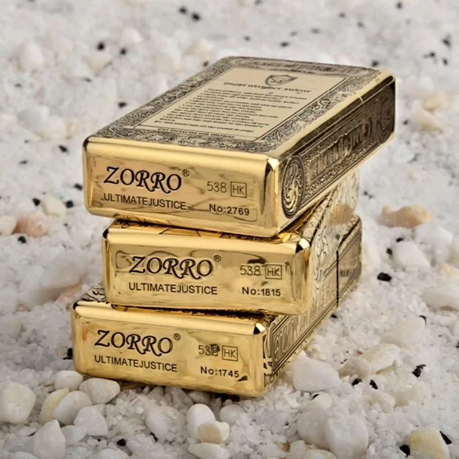 Zorro 538 Narrow Mecha Square Head Brass Kerosiene Lighter, Engraved Pattern Grinding Wheel Windproof Lighter, Holiday Gift