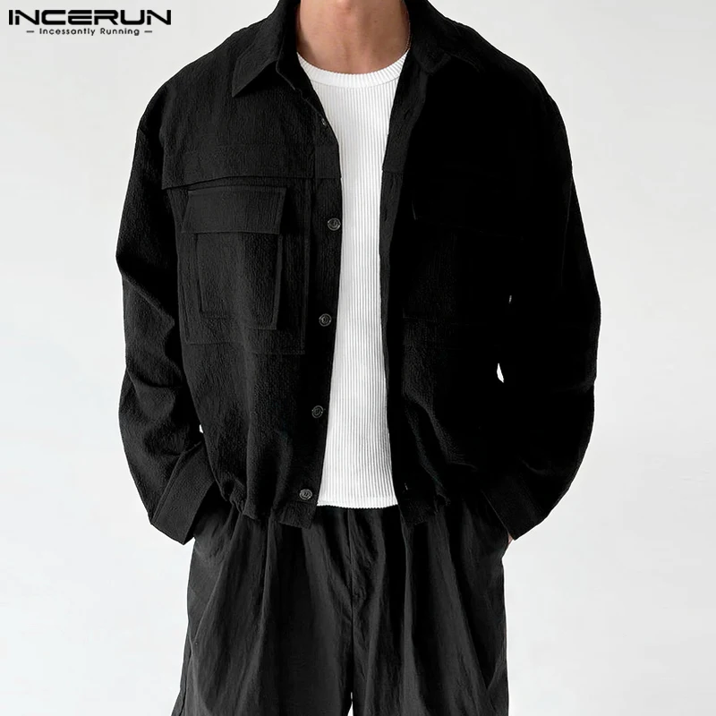 

INCERUN Мужская рубашка, однотонная, с лацканами, с длинными рукавами, свободными карманами, повседневная мужская одежда, уличная одежда, модные рубашки для отдыха 2025, топы