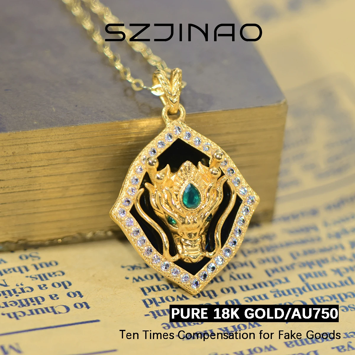 Vintage Year of the Dragon 18K Gold Pendant AU750 Onyx Necklace Original Design Brand for Man Women Party Gift Fine Jewelry