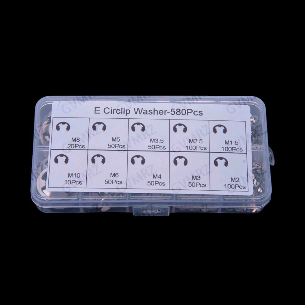 10Values ​​580PCS 5MM 2.0MM 3MM  304 Open-Type E-ring, E-buckle, M1.5-M10 Washer, Snap Ring, Black  Stainless Steel 8MM 6MM 4MM