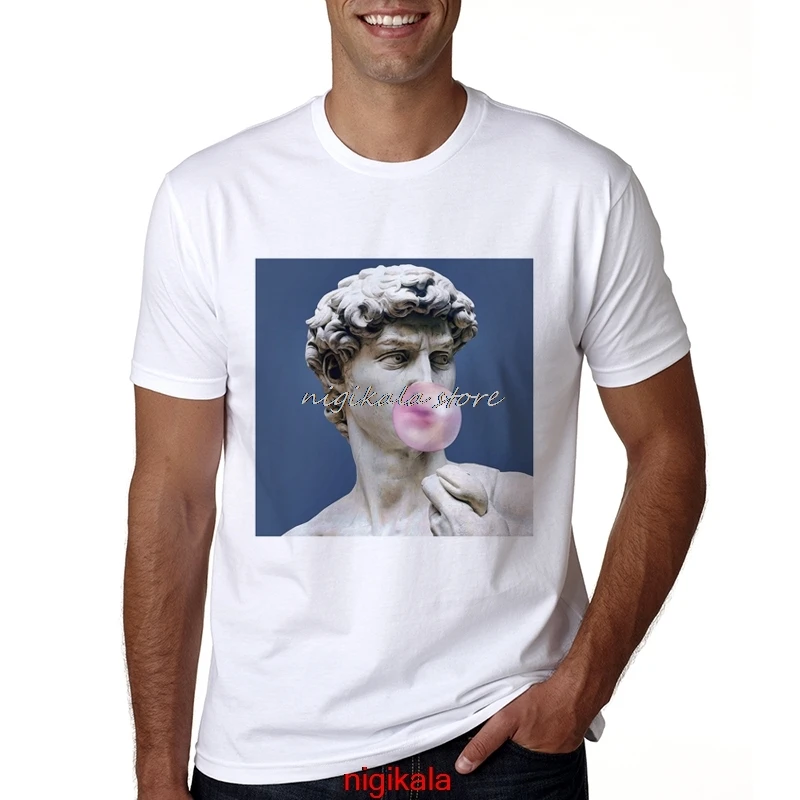 Summer Men David Michelangelo Statue Bubble Gum Print Tshirt Bubblegum Sculpture T-shirt Short Sleeve Funny T Shirts