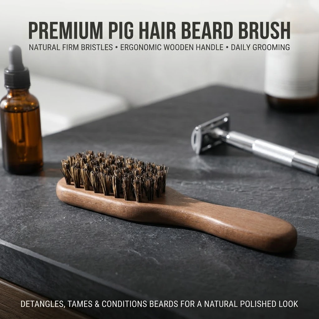 Wooden Beard Brush Natural Pig Bristles Boar Hair Beard Grooming Brush Ergonomic Handle for Men Facial Hair Styling & Care