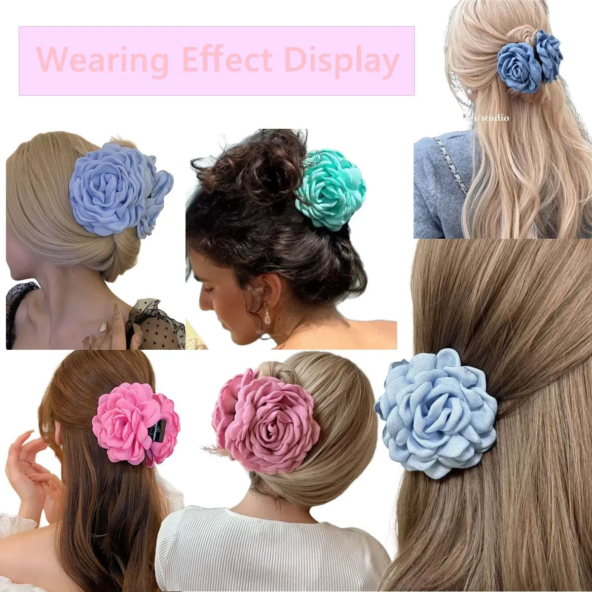 Vintage-Haarspange aus einfarbigem Stoff, modisches Haaraccessoire für Mädchen, dreidimensionale Rosenblüten-Haarspange für Damen, elegante Haarspange im Hai-Design, handgefertigte Haarspange mit Stoffblume, Damen-Haaraccessoire. – Detail 3