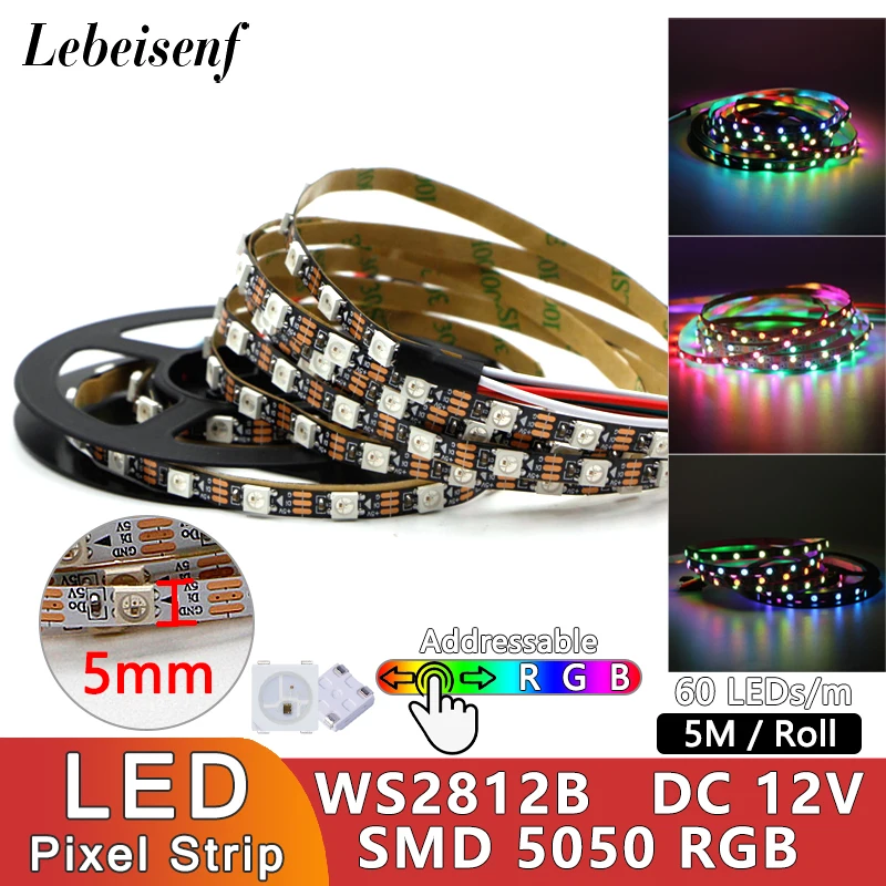 

WS2812B 5M LED Flexible Light Strip 5V Built-in IC SMD 5050 Individually Addressable 60 LEDs/M Narrow 5mm Black & White Lamp Bar