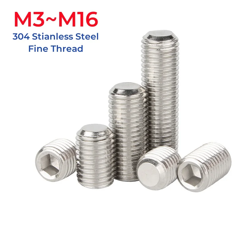 M3 M4 M5 M6 M8 M10 M12 M14 M16 304 Stianless Steel Fine Thread Hexagon Hex Socket Flat Point Set Screw End Grub Headless