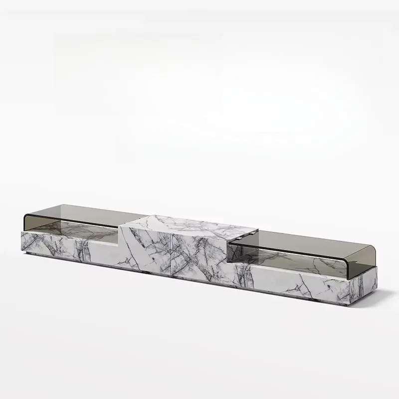 villa natural marble TV cabinet coffee table combination tempered glass luxury stone 2.2 meters floor cabinet low cabinet