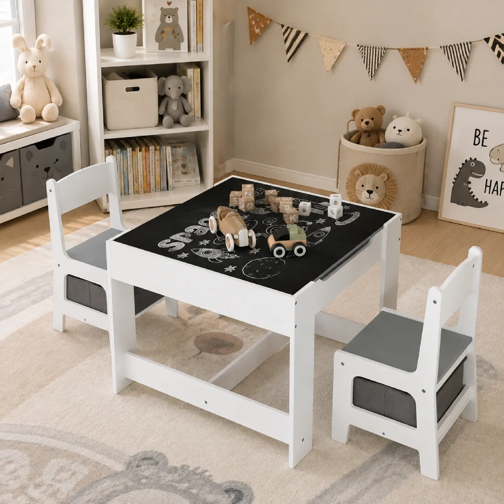 Orraves Kids Table and Chair Set, 3 in 1 Wooden Activity Table with Storage Drawer for Toddlers Drawing, Reading, Crafts, 2 in 1 Detachable Tabletop Table Set for Nursery, Playroom