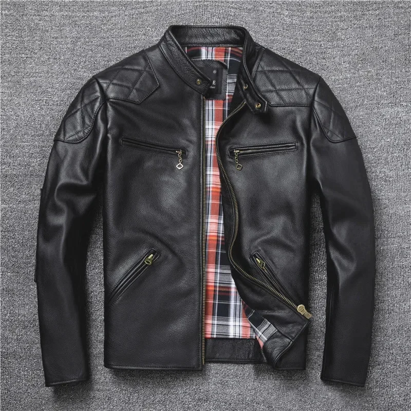 YR!Wholeslaes.Classic motor rider leather jacket.quality cheap cowhide coat.brand new black slim clothes,men