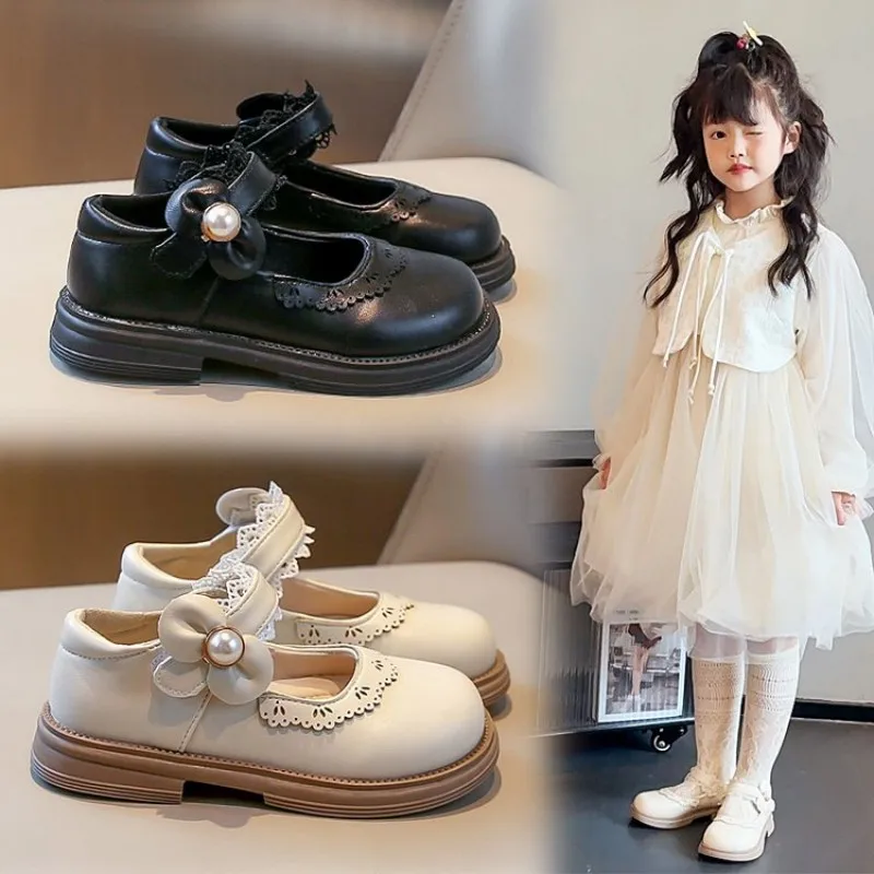 

Spring and Autumn 2026 New Style Sweet Pearl Bowknot Girls' Fashion Leather Shoes - Round Toe Casual Flat Shoes