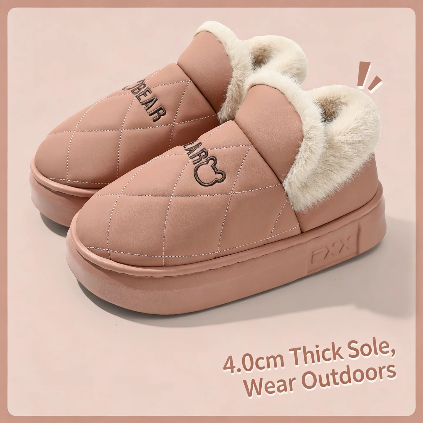 Winter Wasserdichte Hausschuhe für Damen und Herren, Warme Plüsch-Hausschuhe mit Dicker Sohle, Bären-Stickerei, Rutschfeste Indoor-Baumwoll-Fell-Schuhe – Detail 5