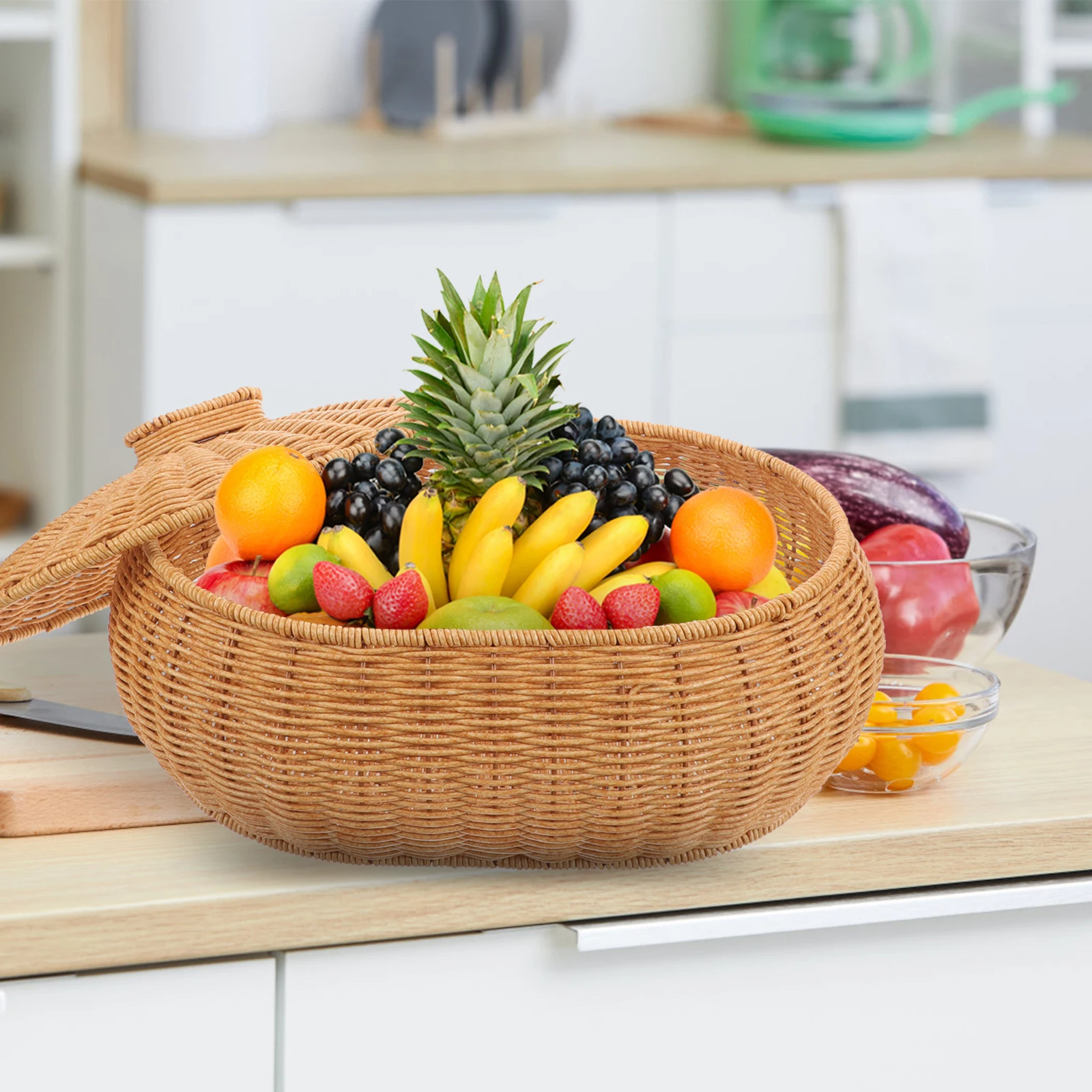 

Woven Basket Household Storage Basket with Lid Multipurpose Fruit Bread Egg Storage for Kitchen Dining Room Living Room