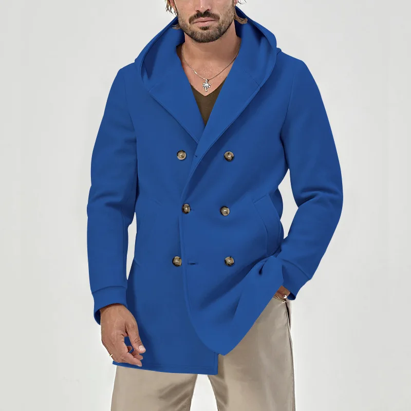 Trench da uomo europeo e americano lungo collo a scatto con cappuccio in cotone composito spaziale doppio petto trench casual