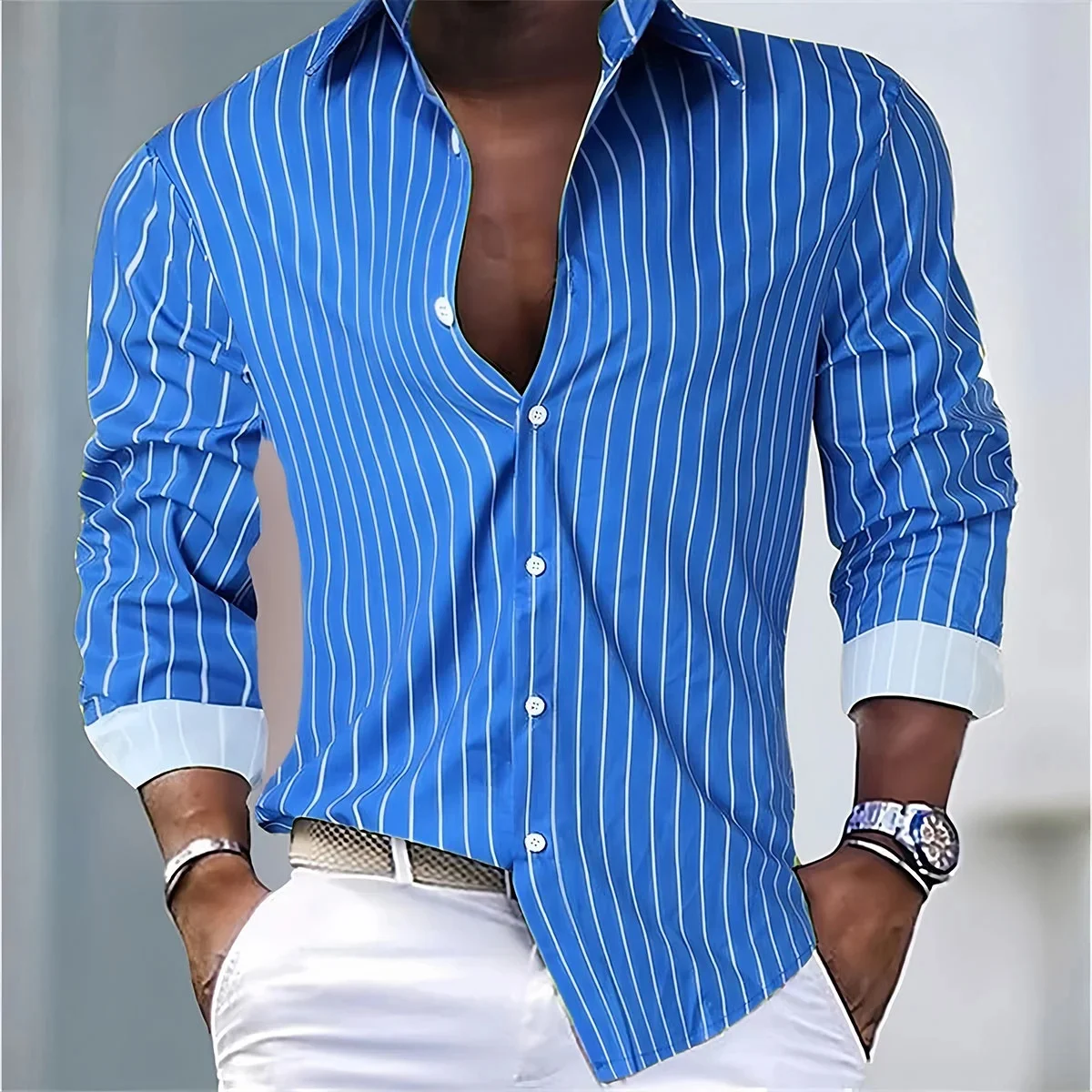 2025 Camisa elegante de moda para hombre, camisa clásica de manga larga con botones y solapa estampada en 3D, ropa de fiesta con temperamento para hombre