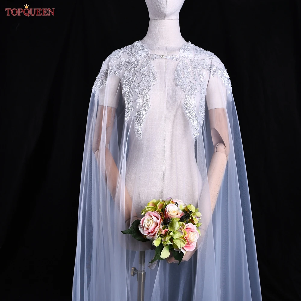 

TOPQUEEN G25 Women Cape Veil Tulle Lace Embroidery Applique 3M Elegant Wedding Capes Bridal Wraps Long Train DIY Shawls Cloak