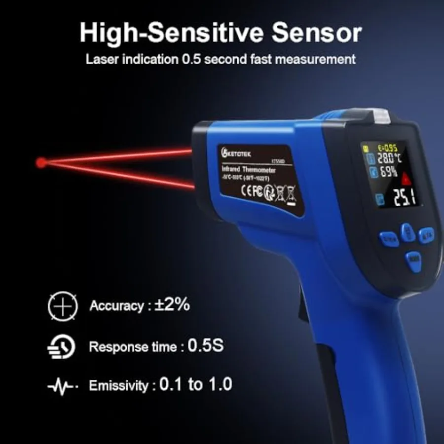 ميزان الحرارة بالأشعة تحت الحمراء مسدس درجة الحرارة بالليزر عدم الاتصال 581022F مع K نوع الحرارية التحقيق الرطوبة NCV كاشف اللون LCD f